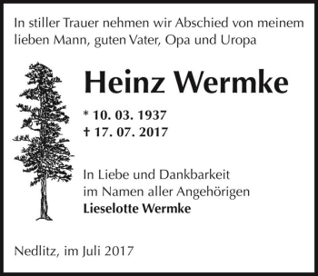 Traueranzeige von Heinz Wermke  von Magdeburger Volksstimme