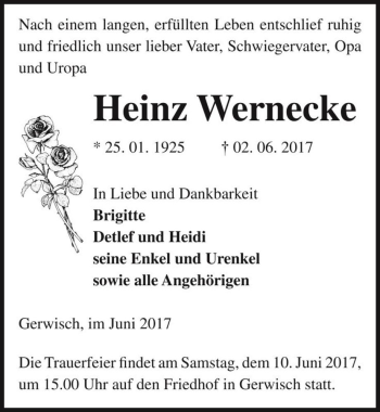 Traueranzeige von Heinz Wernecke  von Magdeburger Volksstimme