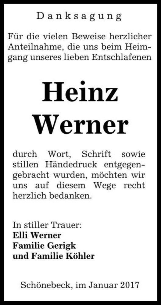  Traueranzeige für Heinz Werner  vom 07.01.2017 aus Magdeburger Volksstimme