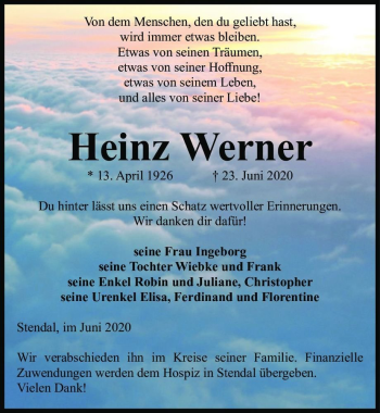 Traueranzeige von Heinz Werner  von Magdeburger Volksstimme