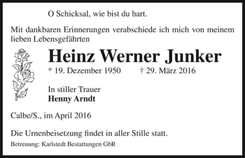 Traueranzeige von Heinz Werner Junker  von Magdeburger Volksstimme