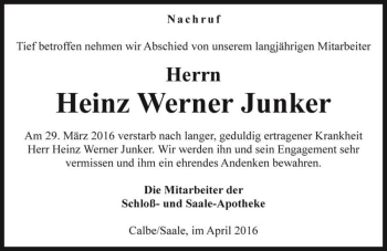 Traueranzeige von Heinz Werner Junker  von Magdeburger Volksstimme