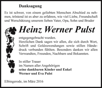 Traueranzeige von Heinz Werner Pulst  von Magdeburger Volksstimme