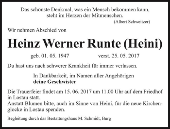 Traueranzeige von Heinz Werner Runte (Heini)  von Magdeburger Volksstimme