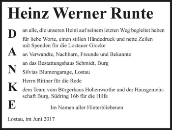 Traueranzeige von Heinz Werner Runte  von Magdeburger Volksstimme