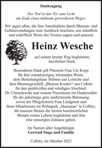 Traueranzeige von Heinz Wesche  von Magdeburger Volksstimme