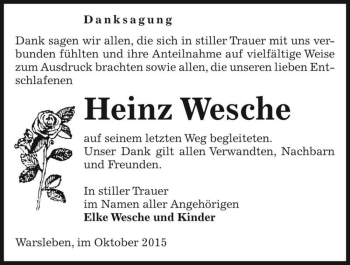 Traueranzeige von Heinz Wesche  von Magdeburger Volksstimme