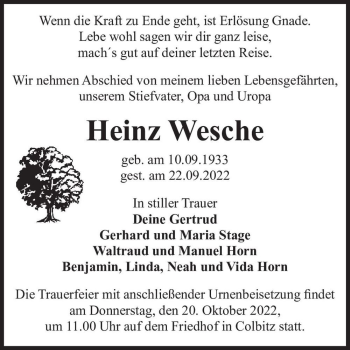 Traueranzeige von Heinz Wesche  von Magdeburger Volksstimme