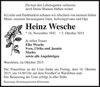 Traueranzeige von Heinz Wesche  von Magdeburger Volksstimme