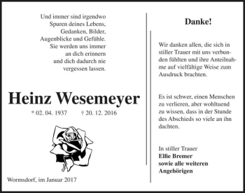 Traueranzeige von Heinz Wesemeyer  von Magdeburger Volksstimme