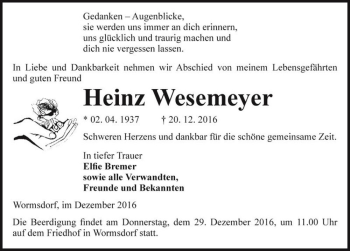 Traueranzeige von Heinz Wesemeyer  von Magdeburger Volksstimme