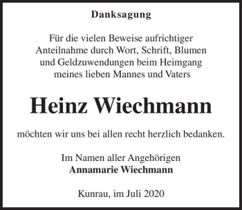 Traueranzeige von Heinz Wiechmann  von Magdeburger Volksstimme