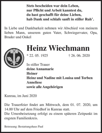 Traueranzeige von Heinz Wiechmann  von Magdeburger Volksstimme