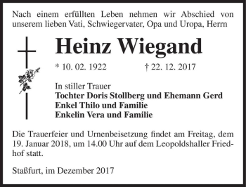 Traueranzeige von Heinz Wiegand  von Magdeburger Volksstimme