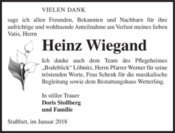 Traueranzeige von Heinz Wiegand  von Magdeburger Volksstimme
