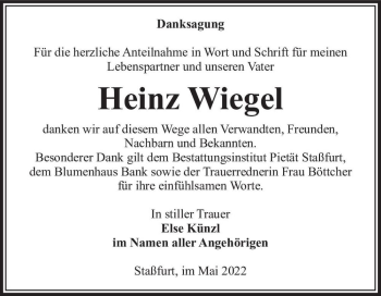 Traueranzeige von Heinz Wiegel  von Magdeburger Volksstimme