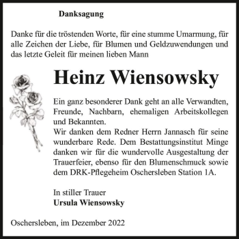 Traueranzeige von Heinz Wiensowsky  von Magdeburger Volksstimme