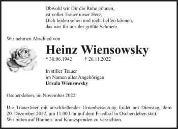 Traueranzeige von Heinz Wiensowsky  von Magdeburger Volksstimme