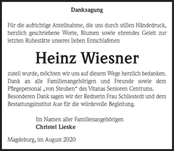 Traueranzeige von Heinz Wiesner  von Magdeburger Volksstimme