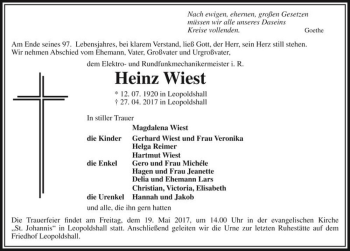 Traueranzeige von Heinz Wiest  von Magdeburger Volksstimme