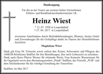 Traueranzeige von Heinz Wiest  von Magdeburger Volksstimme
