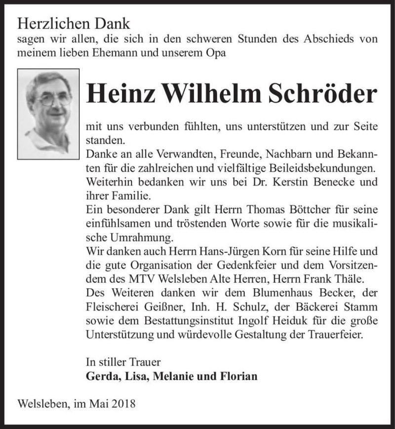  Traueranzeige für Heinz Wilhelm Schröder  vom 16.06.2018 aus Magdeburger Volksstimme