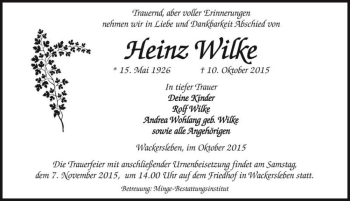 Traueranzeige von Heinz Wilke  von Magdeburger Volksstimme