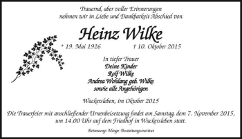 Traueranzeige von Heinz Wilke  von Magdeburger Volksstimme
