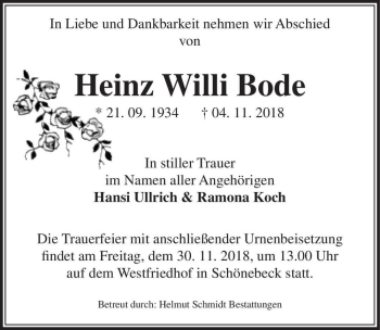 Traueranzeige von Heinz Willi Bode  von Magdeburger Volksstimme