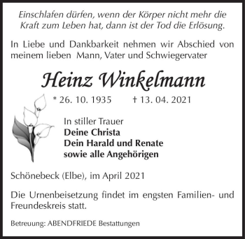 Traueranzeige von Heinz Winkelmann  von Magdeburger Volksstimme