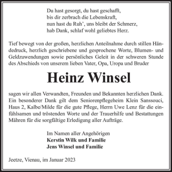 Traueranzeige von Heinz Winsel  von Magdeburger Volksstimme