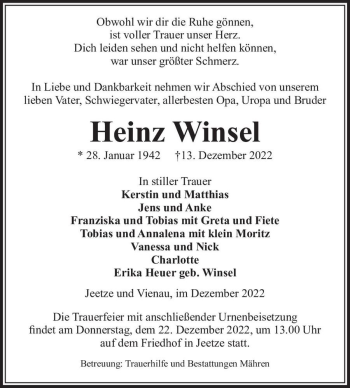 Traueranzeige von Heinz Winsel  von Magdeburger Volksstimme