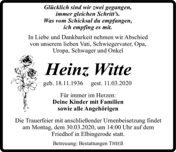 Traueranzeige von Heinz Witte  von Magdeburger Volksstimme