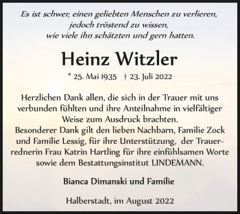 Traueranzeige von Heinz Witzler  von Magdeburger Volksstimme