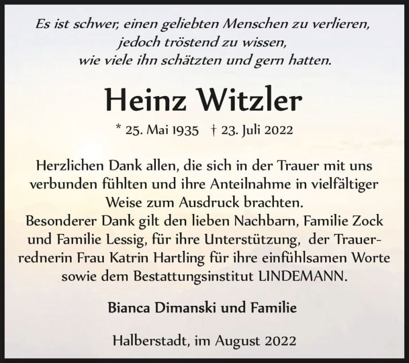  Traueranzeige für Heinz Witzler  vom 03.09.2022 aus Magdeburger Volksstimme