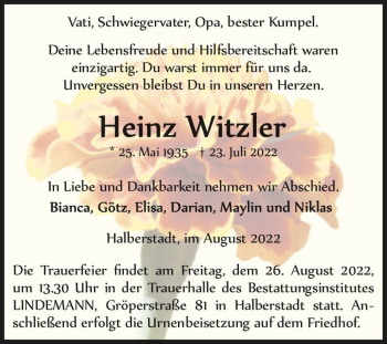 Traueranzeige von Heinz Witzler  von Magdeburger Volksstimme