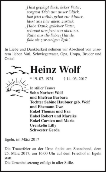Traueranzeige von Heinz Wolf  von Magdeburger Volksstimme