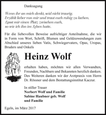 Traueranzeige von Heinz Wolf  von Magdeburger Volksstimme