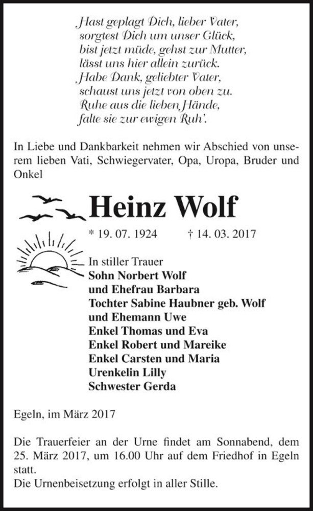  Traueranzeige für Heinz Wolf  vom 18.03.2017 aus Magdeburger Volksstimme