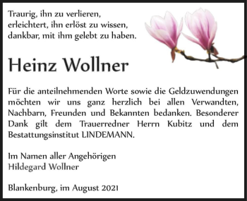 Traueranzeige von Heinz Wollner  von Magdeburger Volksstimme