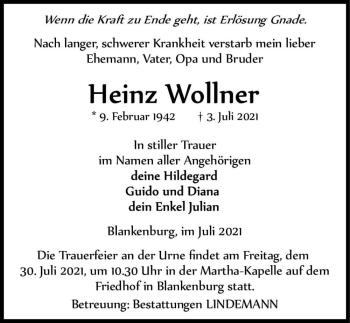 Traueranzeige von Heinz Wollner  von Magdeburger Volksstimme
