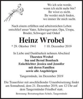 Traueranzeige von Heinz Wrobel  von Magdeburger Volksstimme