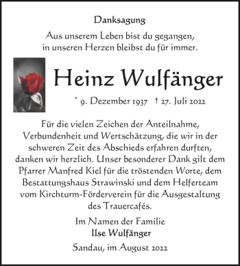 Traueranzeige von Heinz Wulfänger  von Magdeburger Volksstimme