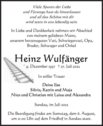 Traueranzeige von Heinz Wulfänger  von Magdeburger Volksstimme