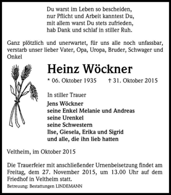 Traueranzeige von Heinz Wöckner  von Magdeburger Volksstimme