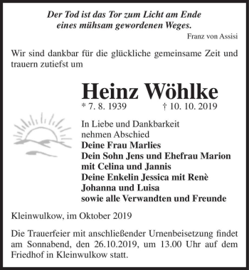 Traueranzeige von Heinz Wöhlke  von Magdeburger Volksstimme