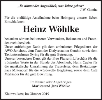 Traueranzeige von Heinz Wöhlke  von Magdeburger Volksstimme
