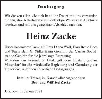 Traueranzeige von Heinz Zacke  von Magdeburger Volksstimme