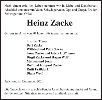 Traueranzeige von Heinz Zacke  von Magdeburger Volksstimme