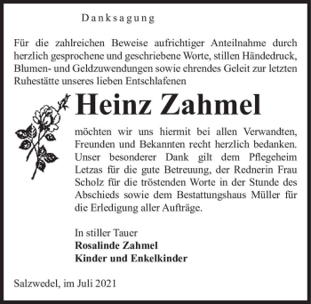 Traueranzeige von Heinz Zahmel  von Magdeburger Volksstimme